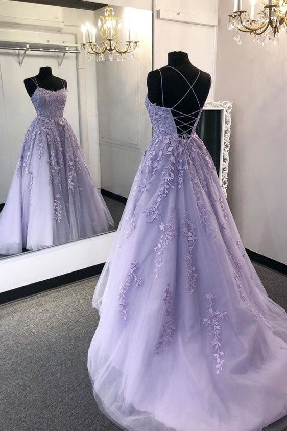 Floral Lace Lavender Prom Dresses with ...